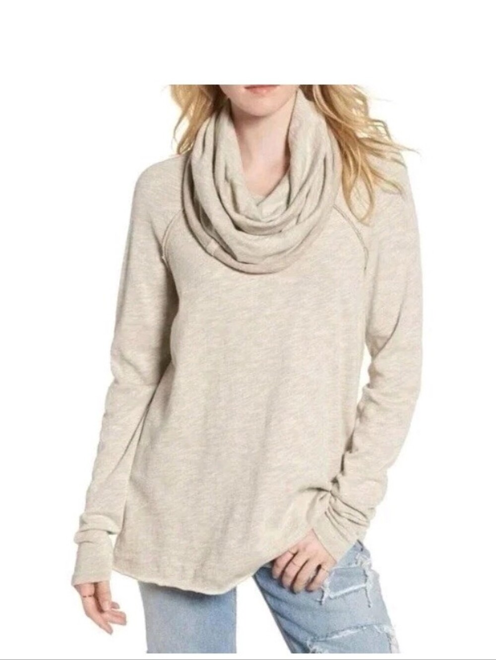 Free People Beach Women's Beige Cocoon Oversized Slouchy Cowl Neck Shirt M